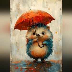 Charming Hedgehog Art Print with Red Umbrella